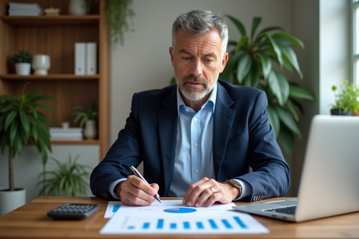 Homme d'âge moyen en costume bleu à la maison analysant des documents financiers