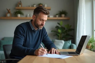 Homme d'affaires remplissant des documents financiers à domicile