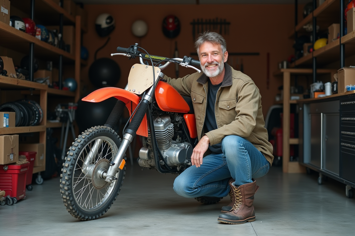 Homme souriant avec moto 125cc usagée dans son garage