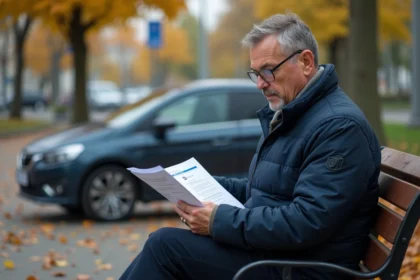 Homme d'âge moyen lisant documents de voiture en plein air