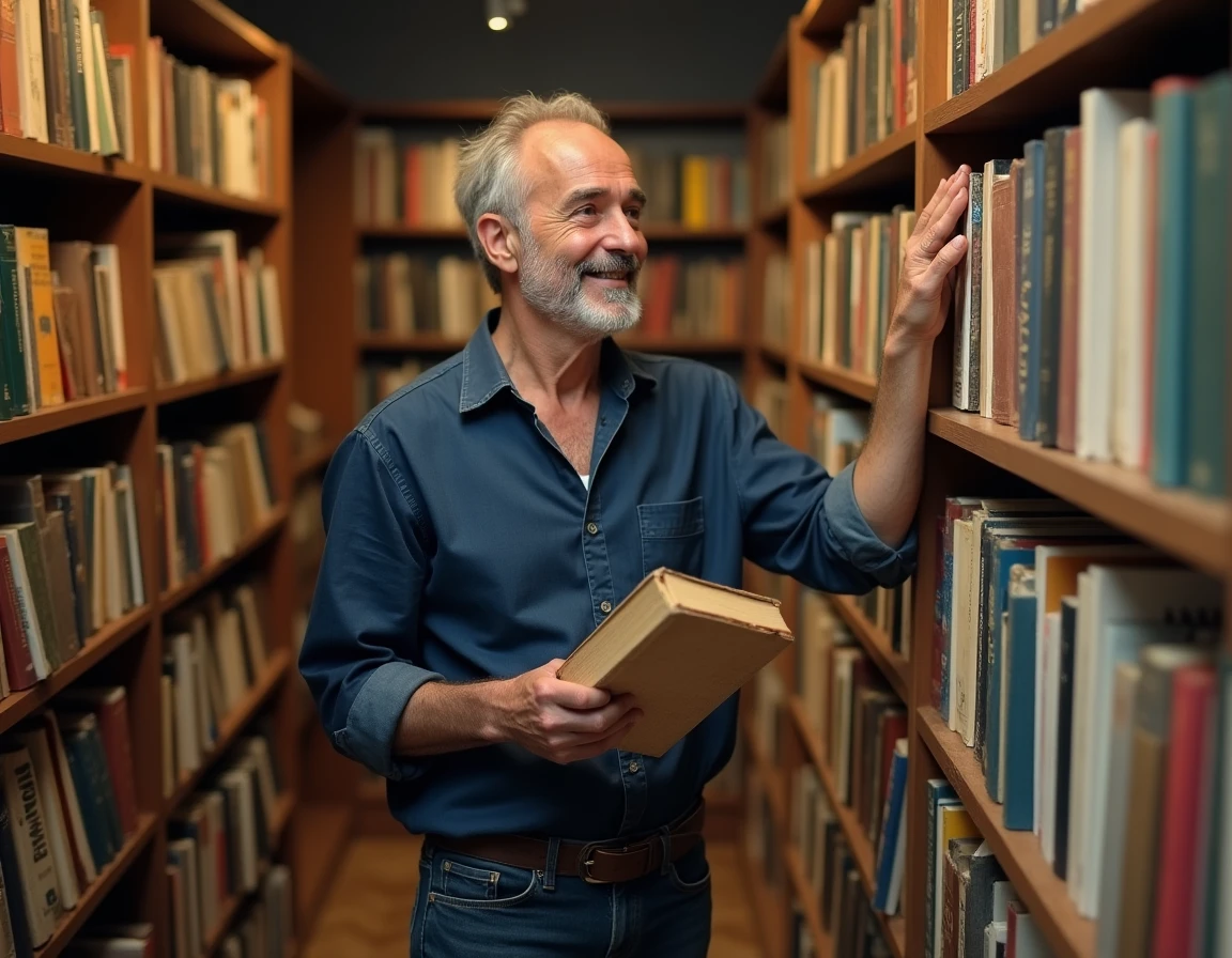 Homme d'une cinquantaine d'années découvrant un livre dans une librairie ancienne, métaphore de la redécouverte de soi et des désirs oubliés