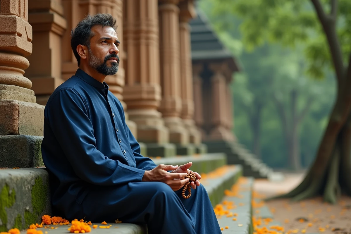 Homme récitant un mantra avec un mala en bois devant un mur de temple ancien