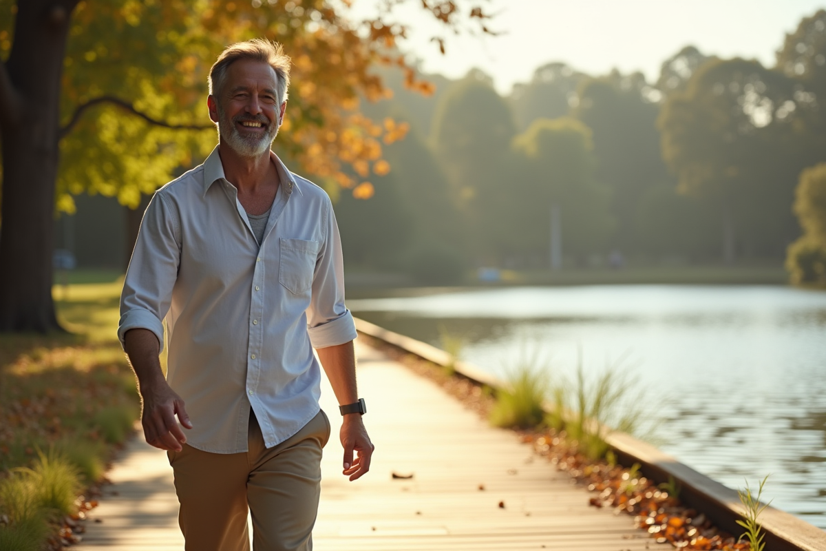 Homme heureux marchant au bord du lac en nature