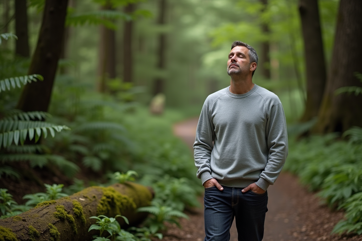 Homme en pleine méditation dans la forêt