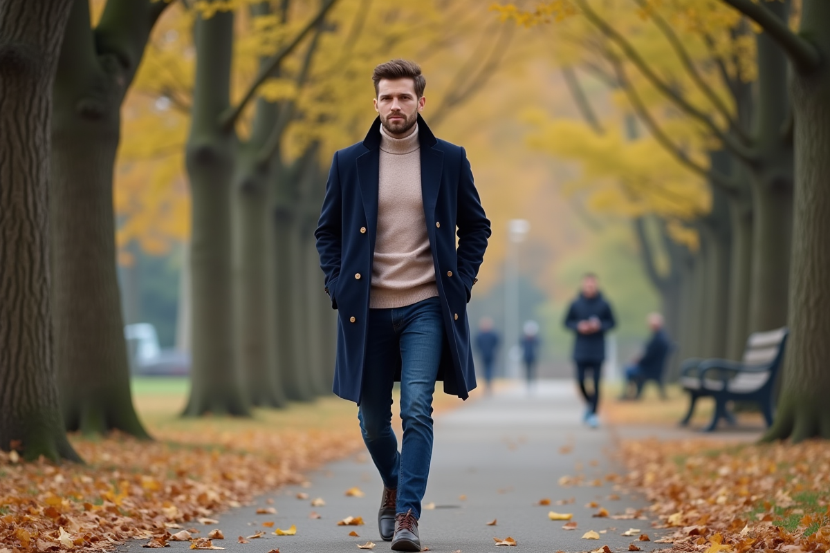 Homme en manteau mode marche dans un parc