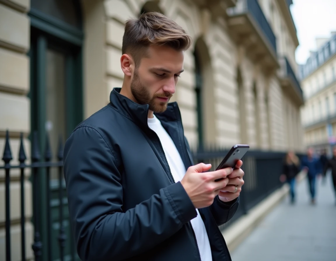 Homme utilisant un site de mode sur mobile dans une rue de Paris avec architecture haussmannienne