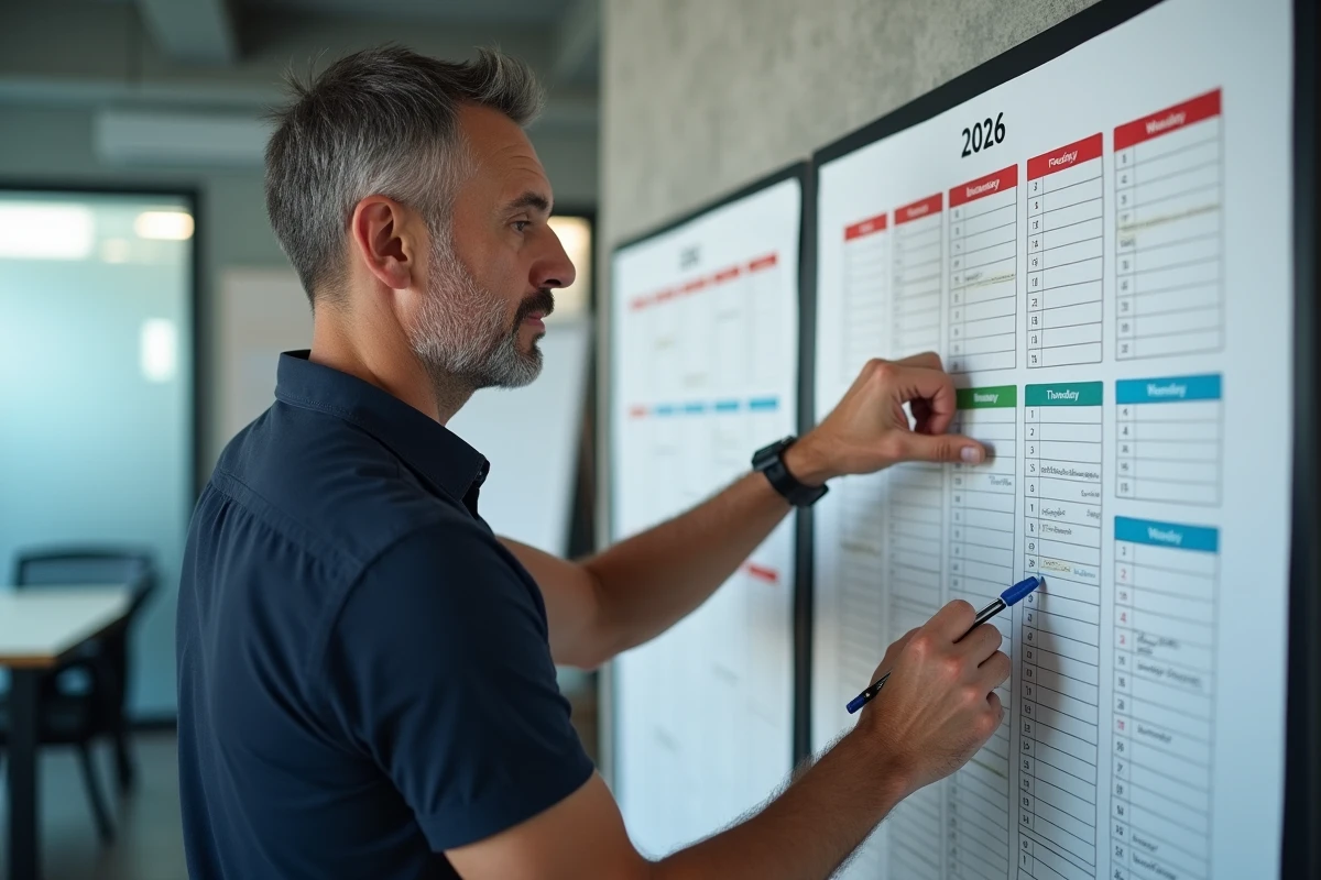 Homme en bureau moderne présentant un planning annuel 2026 imprimé avec sections mensuelles en codes couleurs