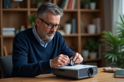 Homme d'âge moyen vérifiant une lampe de projecteur à domicile