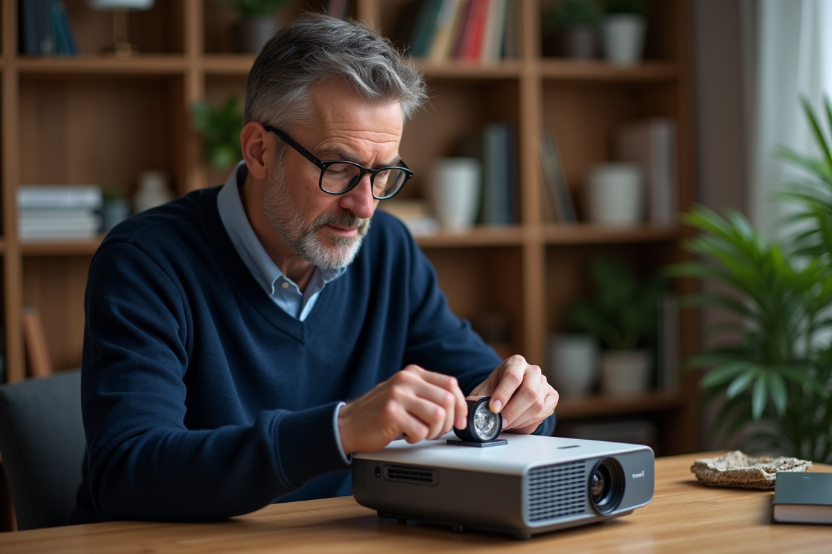 Homme d'âge moyen vérifiant une lampe de projecteur à domicile