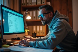 Homme sceptique consultant un site archive sur son ordinateur dans un bureau à domicile encombré