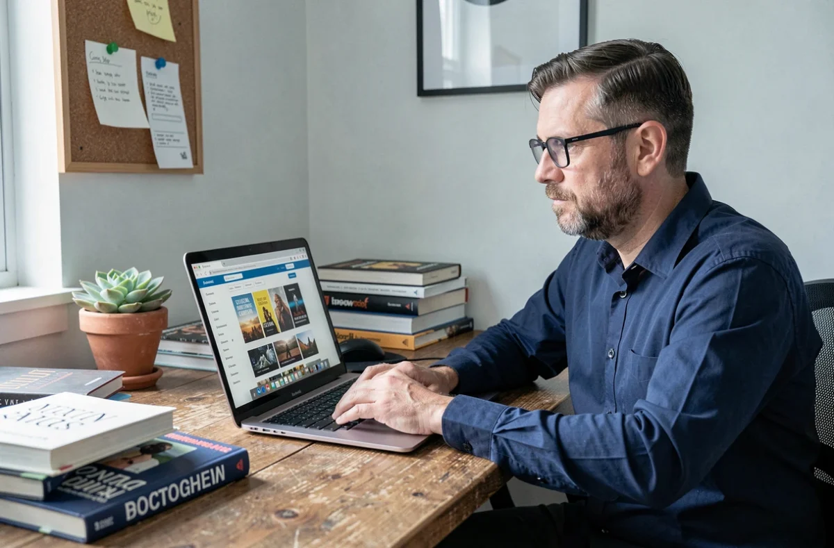 Homme parcourant un site de téléchargement d'ebooks sur un ordinateur portable dans un bureau à domicile organisé