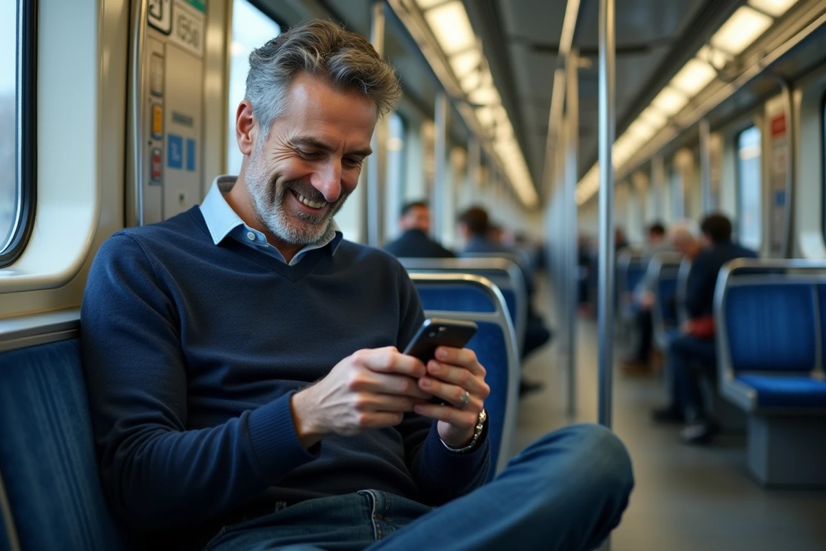 Homme consulte les horaires RER sur smartphone dans un wagon presque vide en dehors des heures de pointe