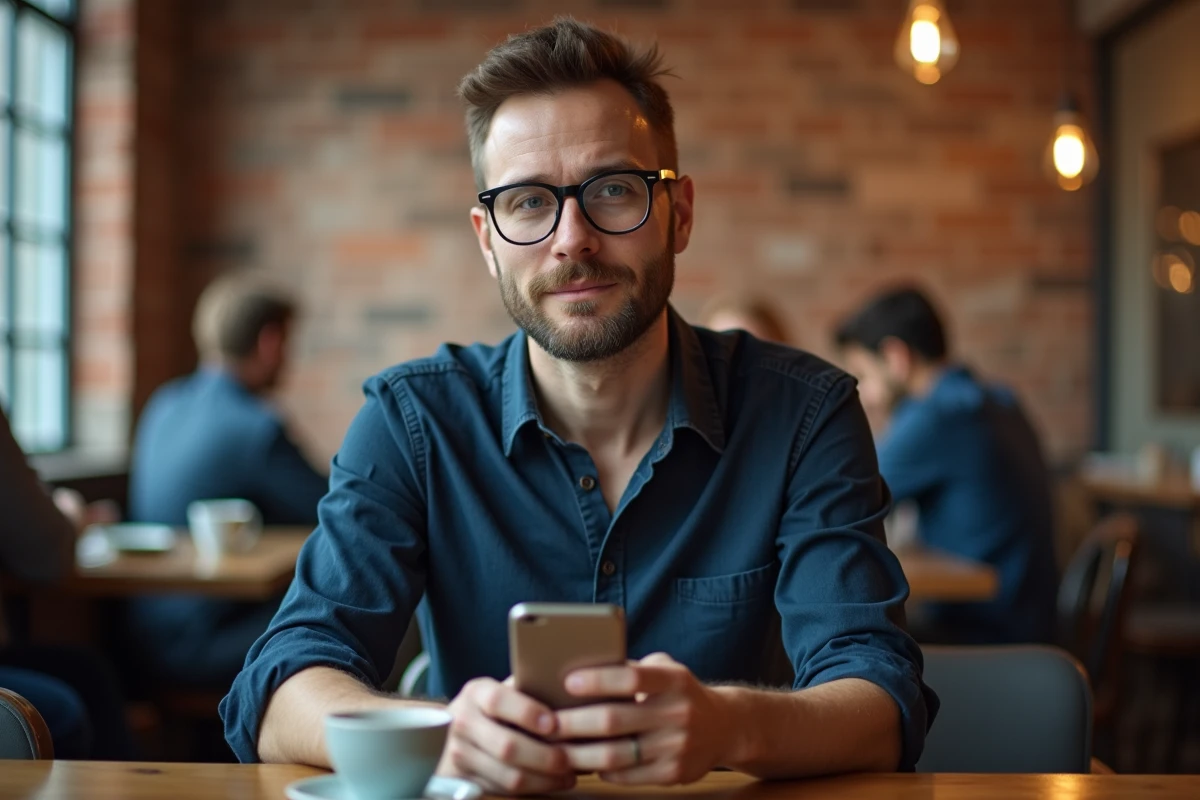 Homme en café tenant un smartphone affichant un vieux mème pixelisé, regard analytique sur l'humour web dépassé