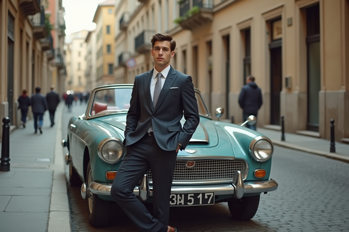 Homme en costume vintage avec voiture rétro en ville