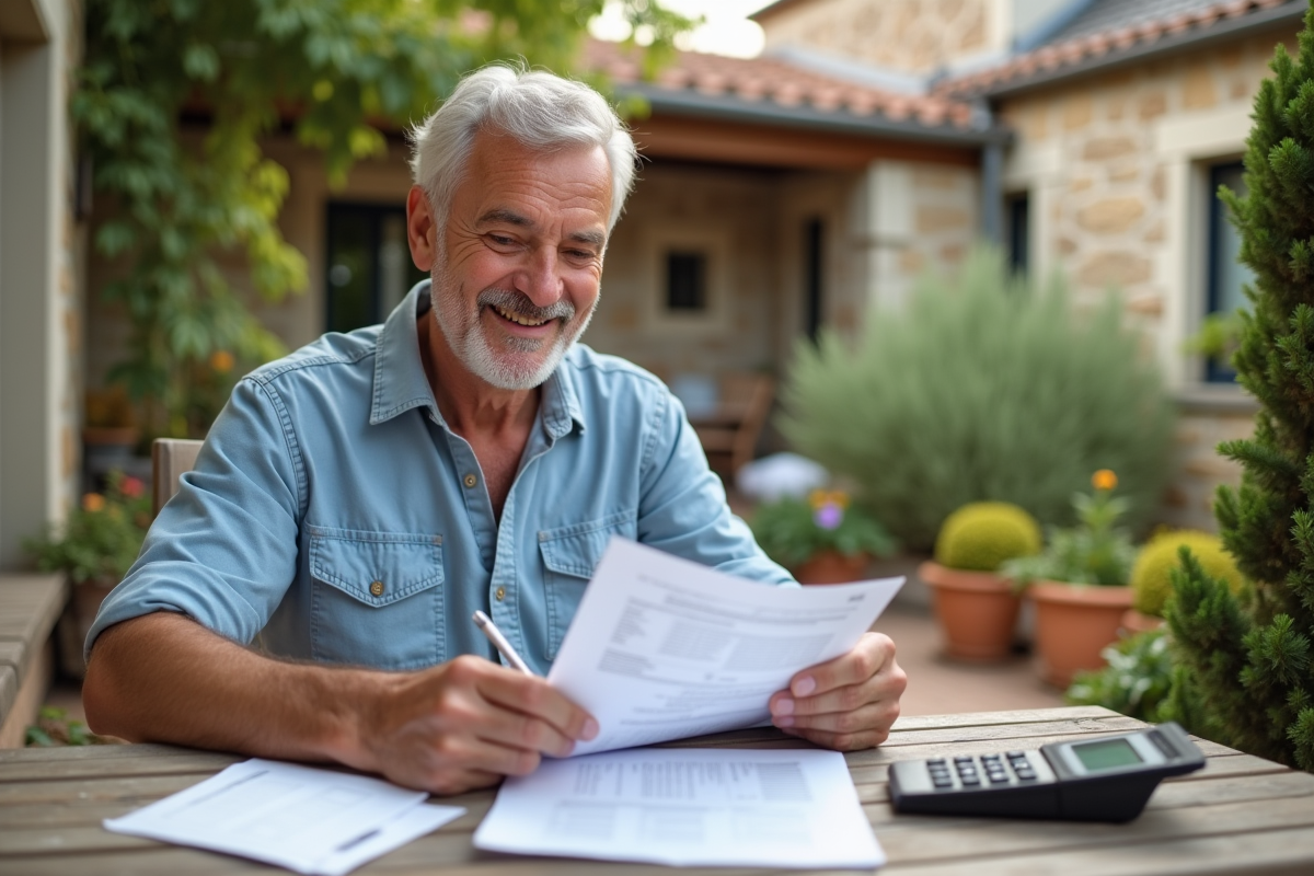 Homme d age en terrasse de campagne en train de vérifier ses impôts