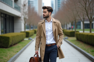 Jeune homme en trench et pantalon en ville