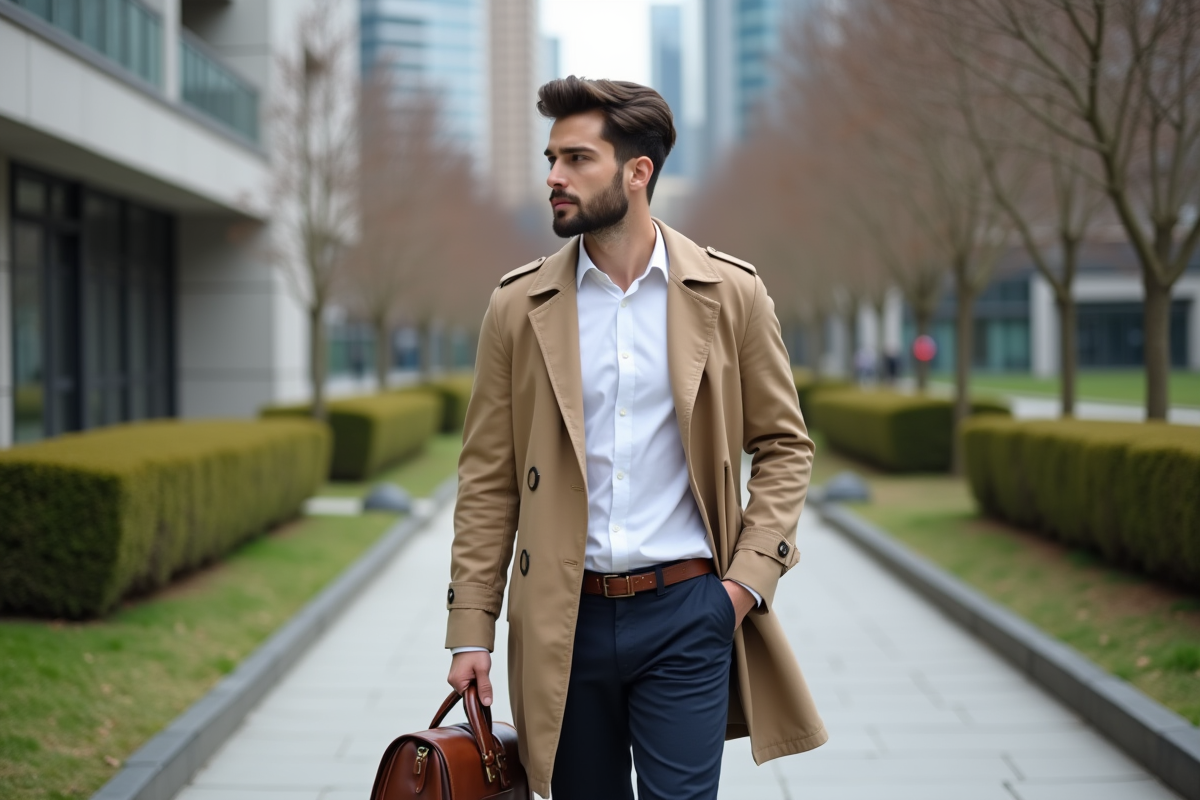 Jeune homme en trench et pantalon en ville
