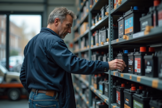 Homme d'âge moyen examinant des batteries auto en magasin
