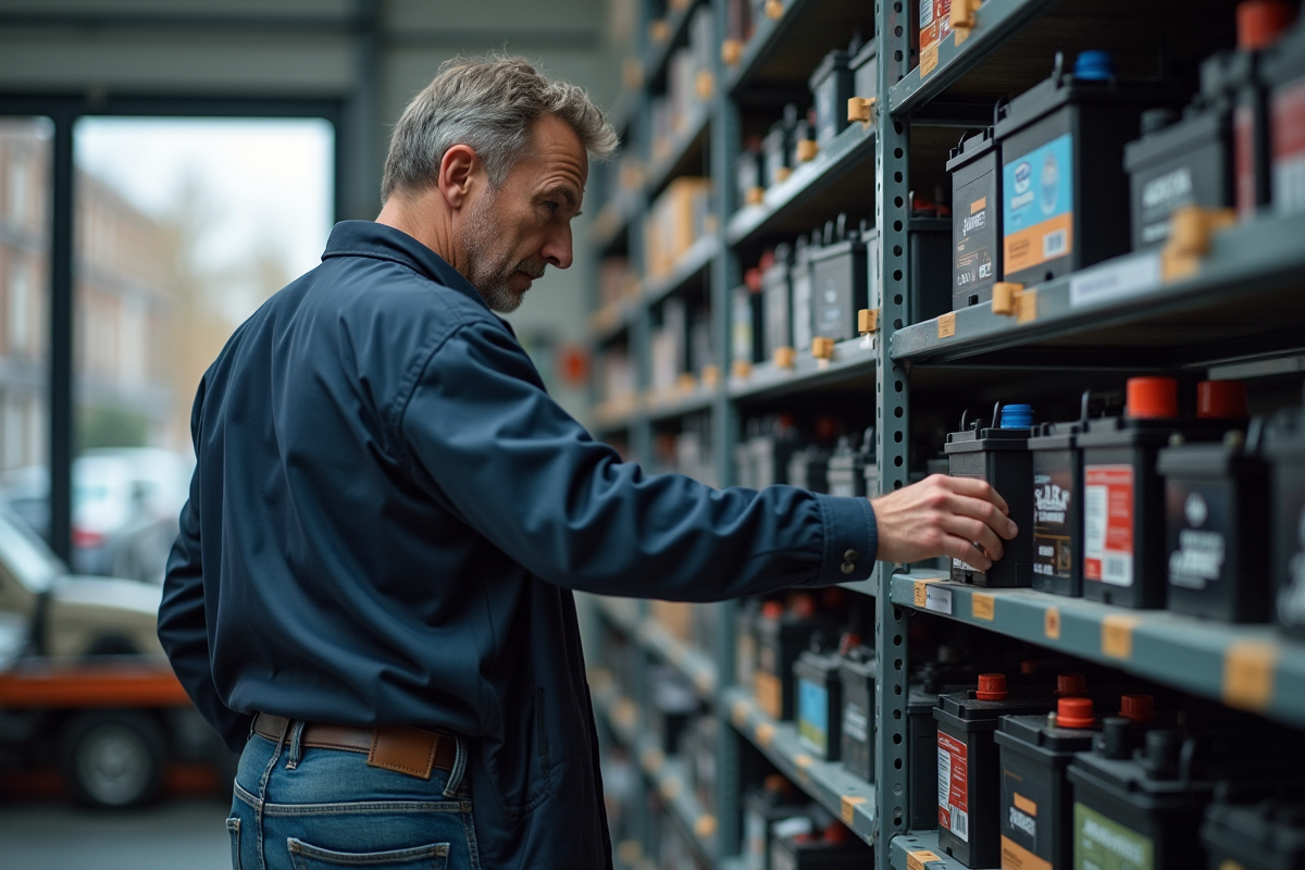 Homme d'âge moyen examinant des batteries auto en magasin