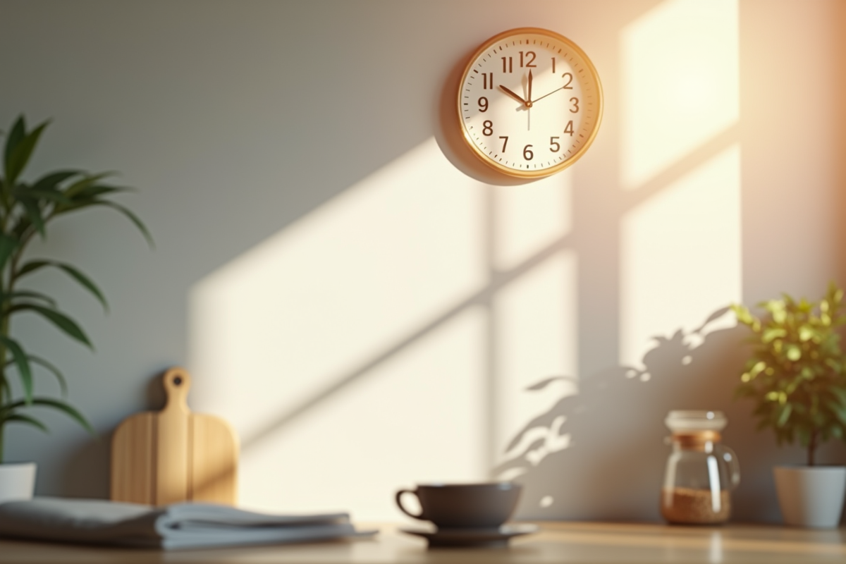 Horloge de cuisine éclairée par la lumière du matin