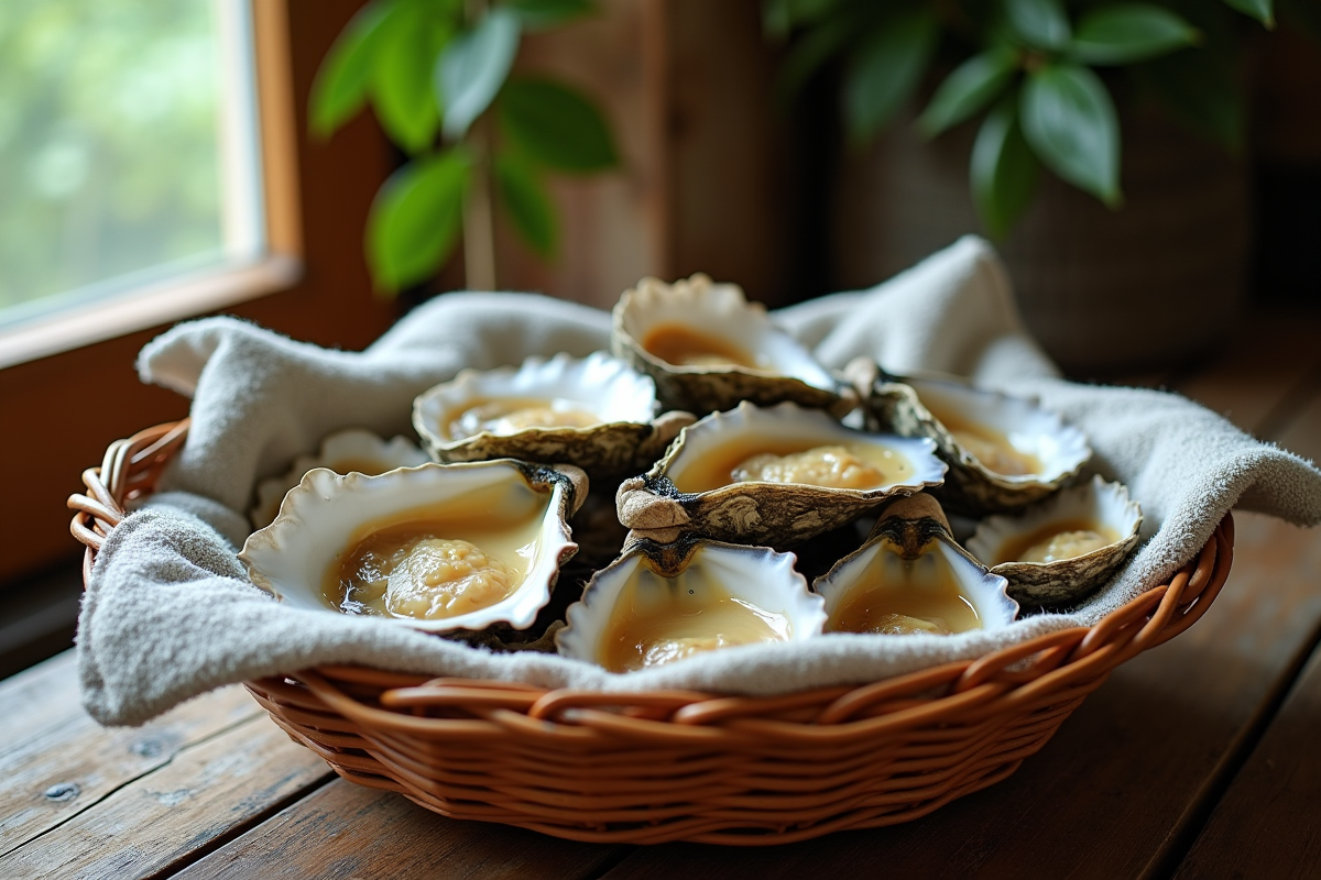 Huitres dans un panier en osier sur une table en bois
