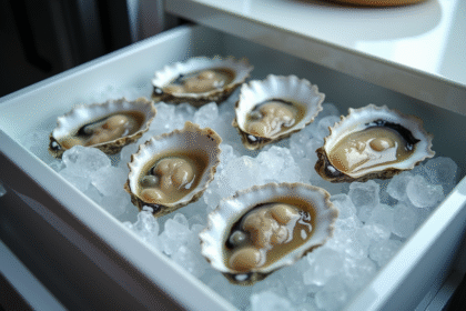 Huitres fraiches sur glace dans un frigo moderne