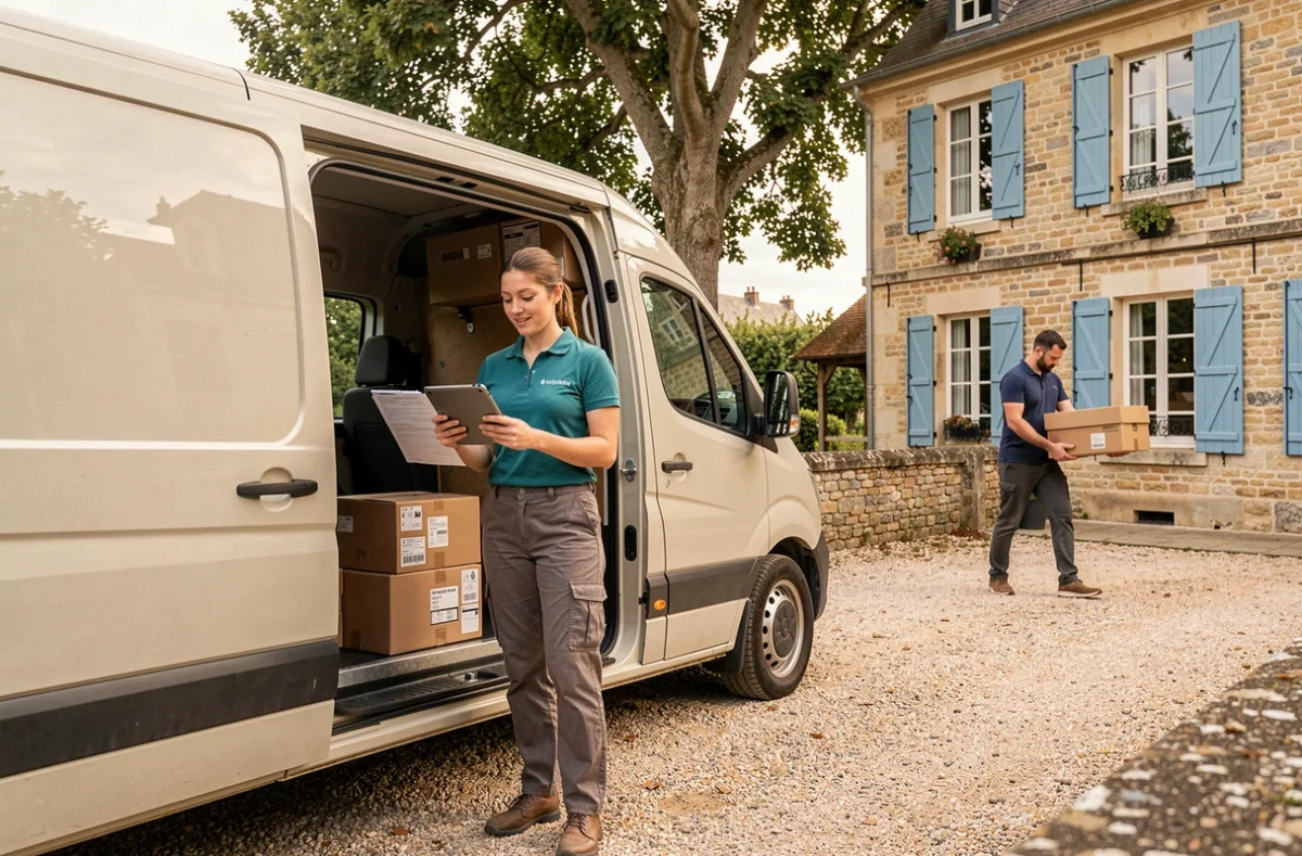Une coordinatrice d'IDébarras Centre gérant un inventaire devant une maison de la Loire avec une tablette