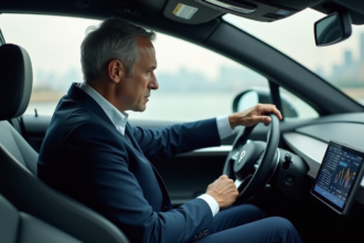 Ingénieur homme en costume dans voiture autonome moderne