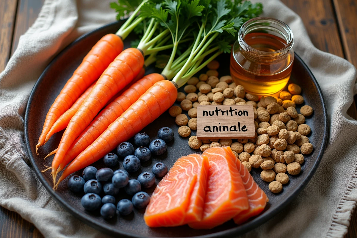 Ingrédients naturels de qualité pour la nutrition animale disposés en flat-lay sur une table en bois rustique
