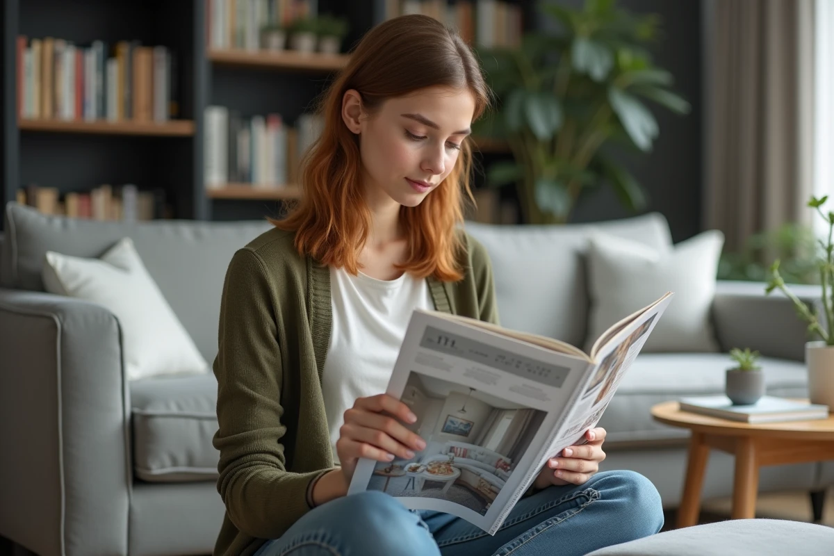 Jeune femme inspectant de près la couverture et le dos d'un magazine Garan Cedore pour en vérifier l'édition