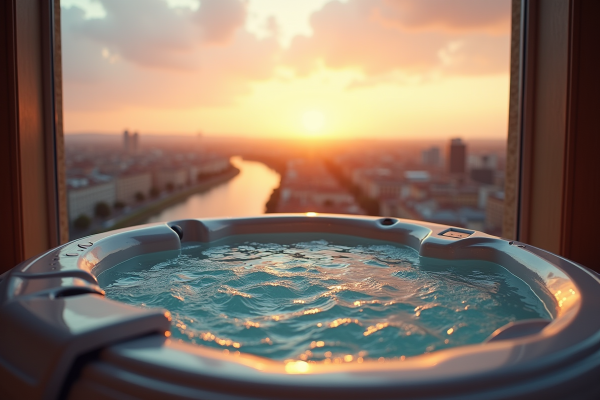 Jacuzzi privé sur terrasse à Lyon au coucher du soleil