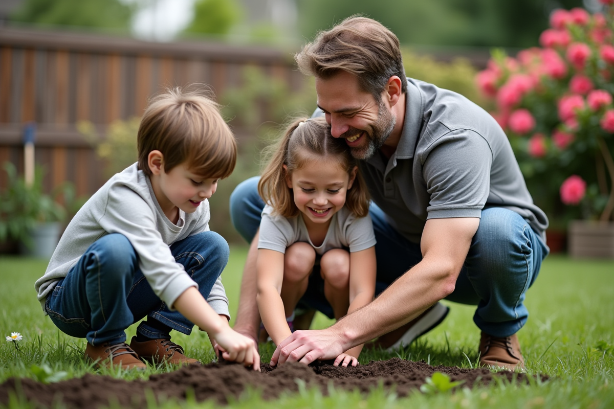 Pere aidant ses enfants à planter des fleurs dans le jardin