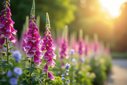 Jardin coloré avec digitales et fuchsias en plein soleil