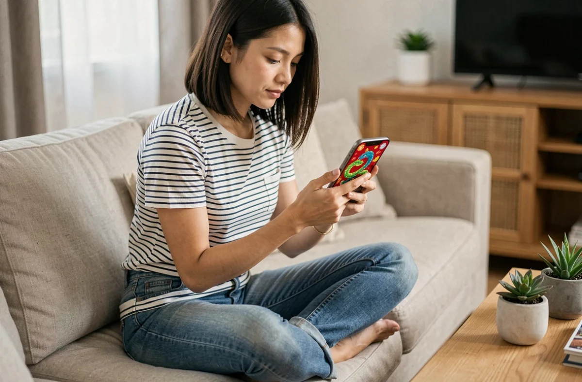 Femme jouant au jeu Google de l'Année du Serpent sur smartphone dans un salon moderne