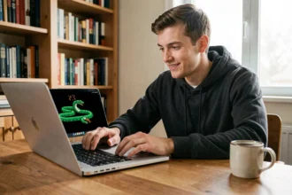 Jeune homme jouant au jeu Google Snake sur un ordinateur portable dans un bureau à domicile confortable