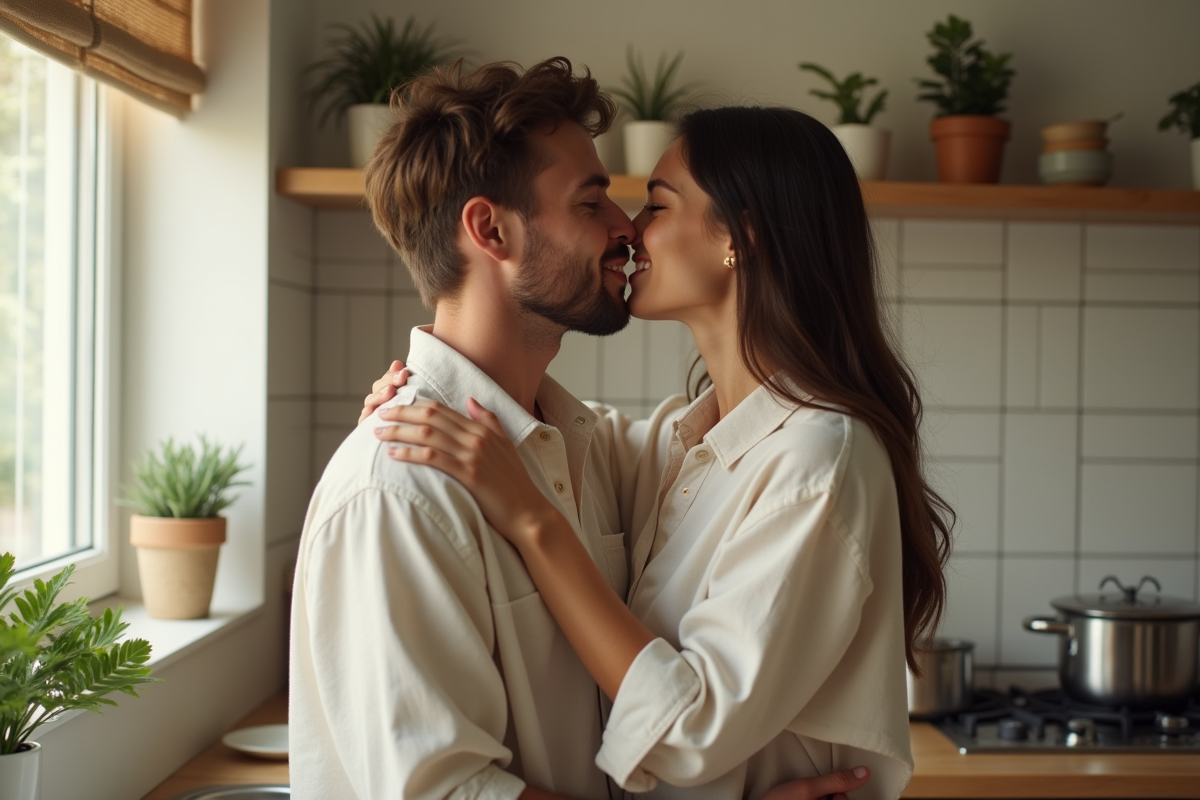 Jeune couple s’embrassant dans une cuisine lumineuse et chaleureuse