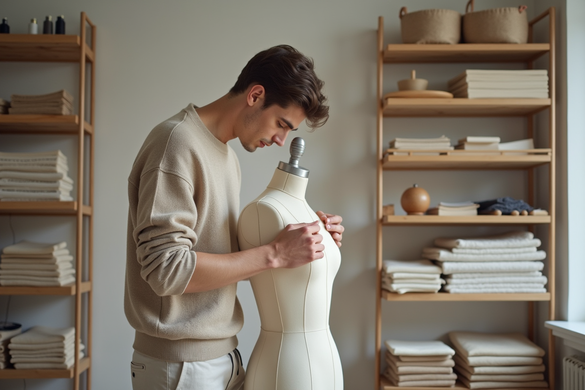 Jeune designer en atelier pinçant du tissu sur un mannequin