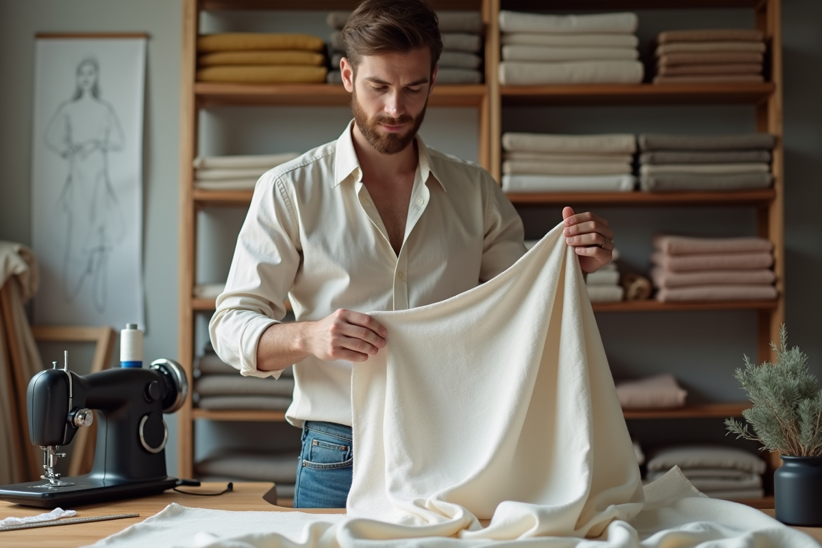 Jeune designer tenant un tissu en lin dans son atelier créatif