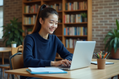 Étudiante universitaire jeune femme vérifiant ses emails sur un ordinateur
