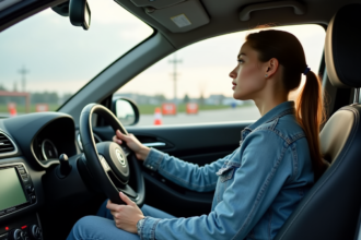 Jeune femme concentrée au volant d'une voiture d'auto ecole