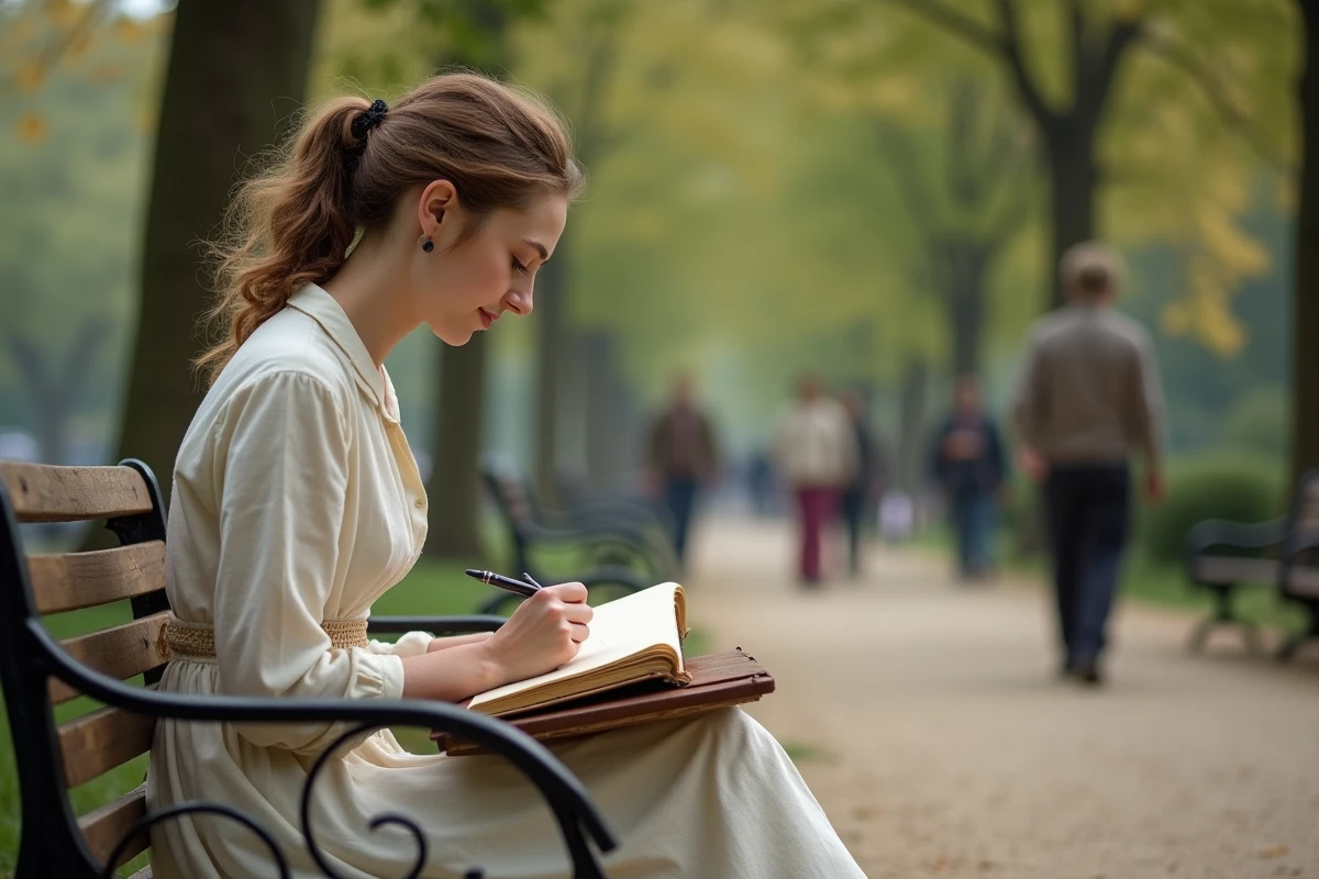 Jeune femme étudiante en art sketchant dans un parc parisien ancien