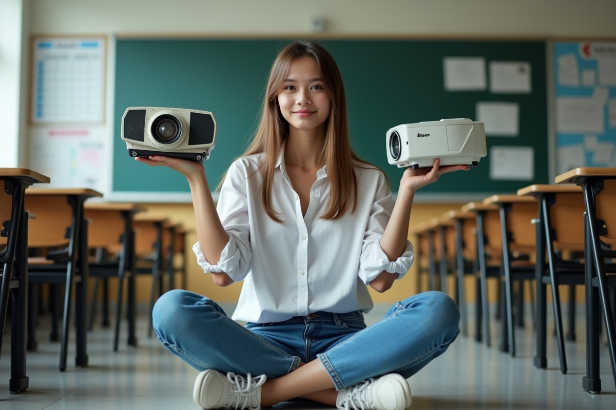 Jeune femme compare une vieille lampe de projecteur dans une classe