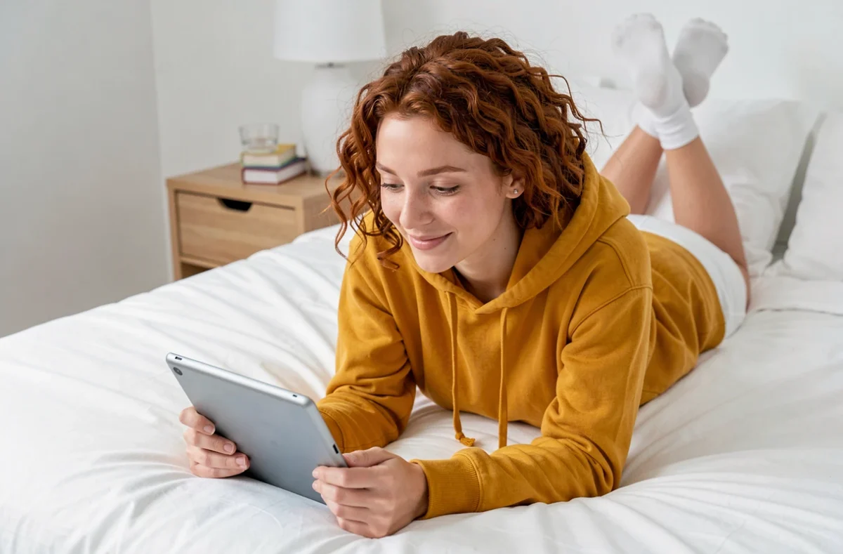 Jeune femme allongée sur son lit en train de lire sur une liseuse électronique dans une chambre minimaliste
