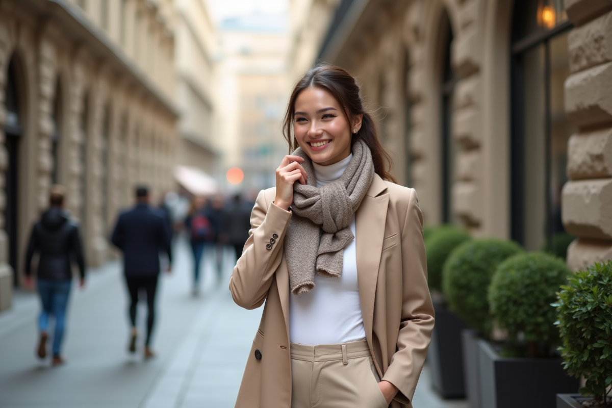 Jeune femme élégante en ville avec blazer beige
