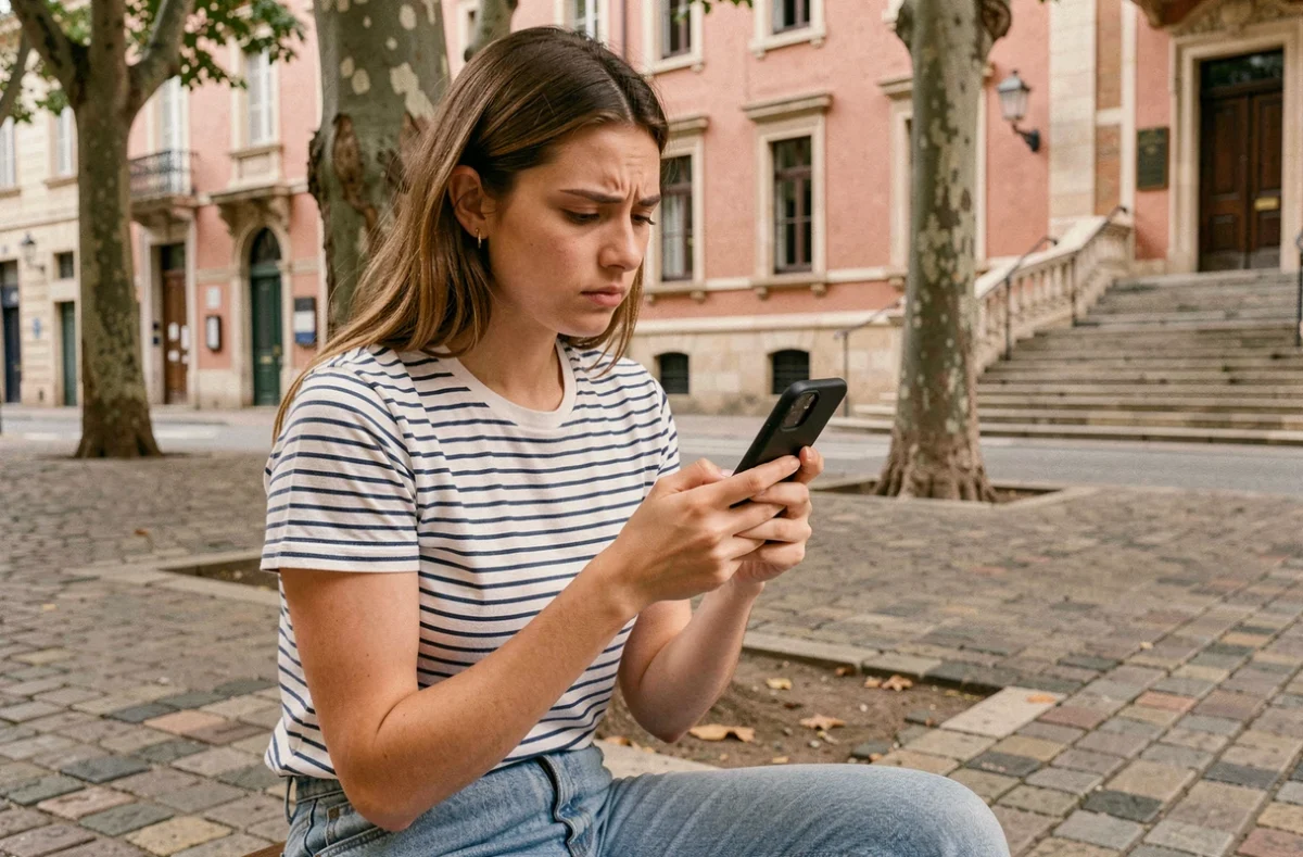 Jeune femme cherchant le code postal de Toulouse sur son smartphone dans une place publique avec architecture en brique rose