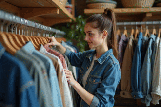 Jeune femme inspectant des vêtements d'occasion dans une boutique