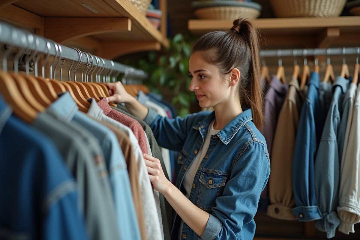 Jeune femme inspectant des vêtements d'occasion dans une boutique