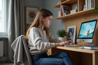 Jeune fille en jeans et pull concentrée sur son ordinateur avec MBN