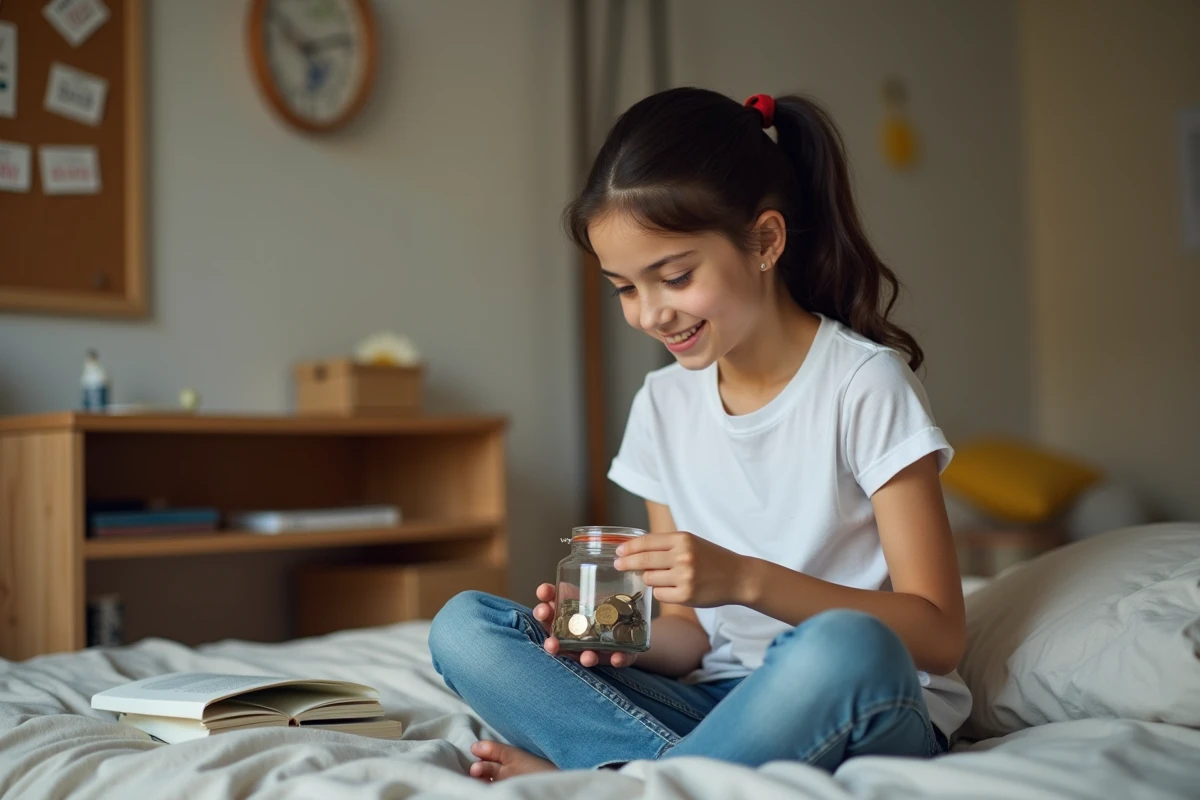 Jeune fille de 16 ans compte des pièces et billets dans sa chambre