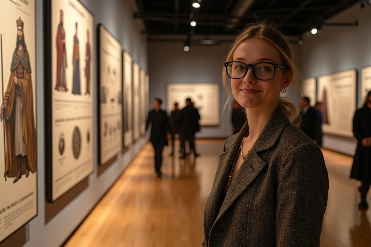 Jeune femme académique devant une exposition historique scandinave